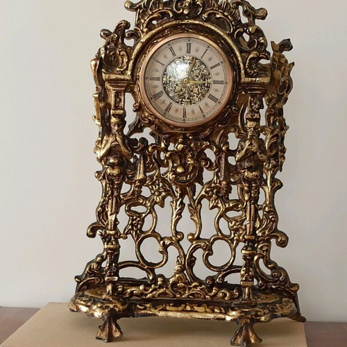 Antique baroque style table clock used, handmade metal