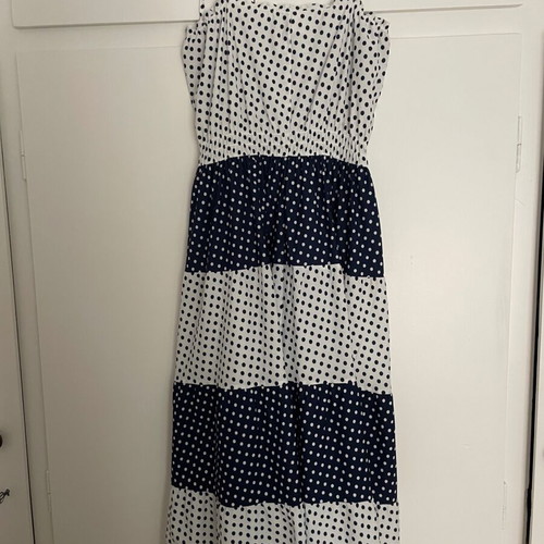 Vintage midi dress white and blue polka dots medium used