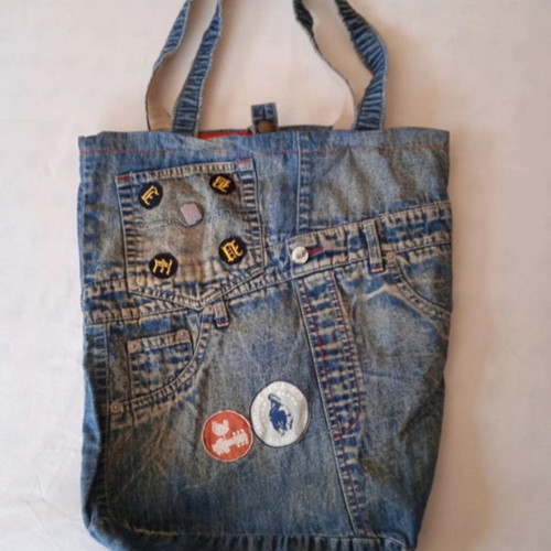 Handmade denim shoulder tote bag used, blue, cotton