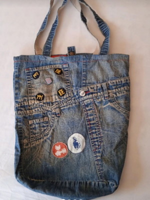 Handmade denim shoulder tote bag used, blue, cotton