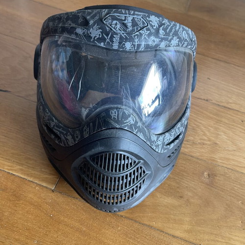 Paintball mask used, black with gray designs