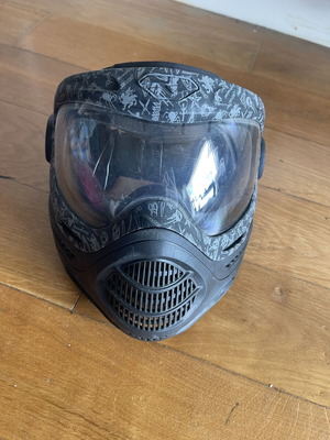 Paintball mask used, black with gray designs