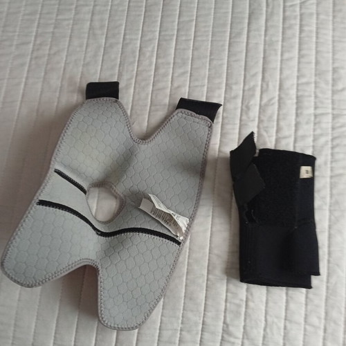 Sensiplast knee brace and John's left wrist orthopaedic splint