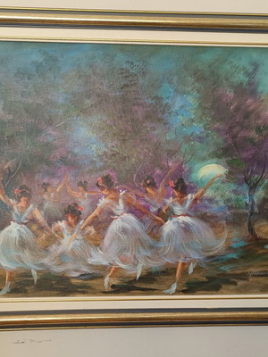 Oil painting of ballerinas in a night landscape used, 80x60 cm