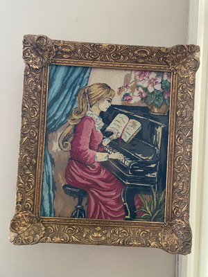 Painting with ornate frame and embroidery like new