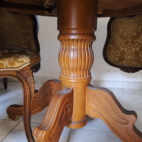 Wooden round dining set with 6 chairs used, velvet upholstery