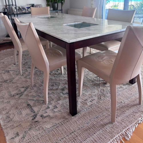 Marble dining table with 8 leather chairs like new