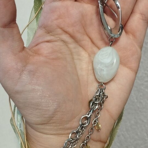 Long Boho Statement Necklace with Olive Ribbon, Stones & Hanging Chains
