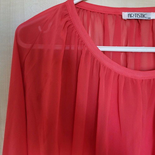 Coral sheer blouse like new with floral sleeve details