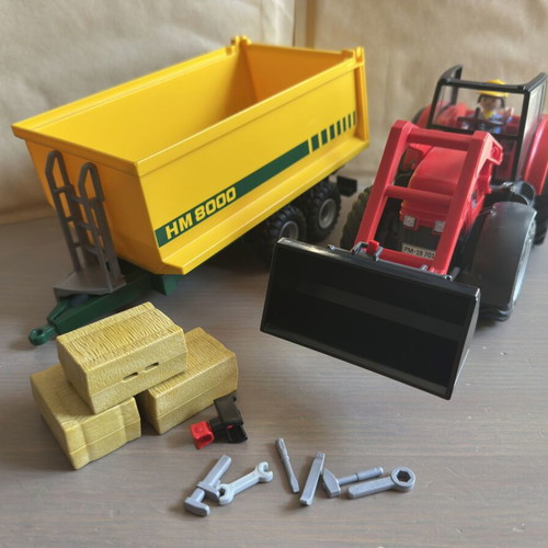 Playmobil Red Farm Tractor used with yellow trailer and figure