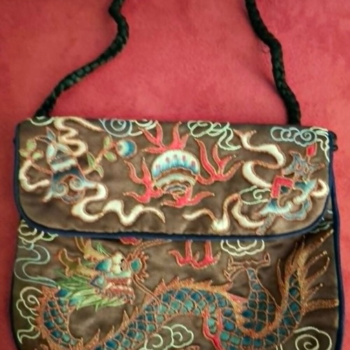 Vintage handmade silk bag with embroidery from Singapore