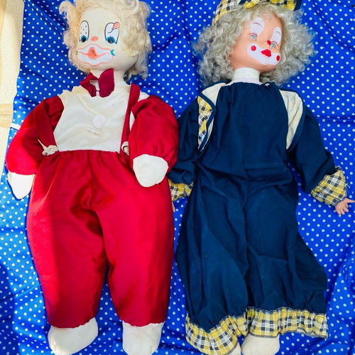 Clown dolls used, 65 cm, plastic and porcelain faces, set of 2