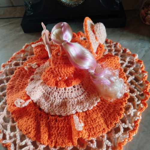 Doll with handmade dress, hat and bag new