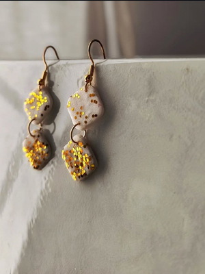 Handmade polymer clay dangle earrings new, white pearl with gold rhinestones