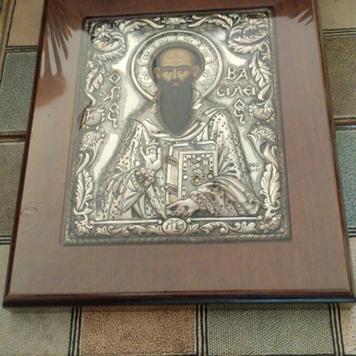 Saint Basil embossed metal icon in wooden frame, new