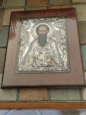 Saint Basil embossed metal icon in wooden frame, new