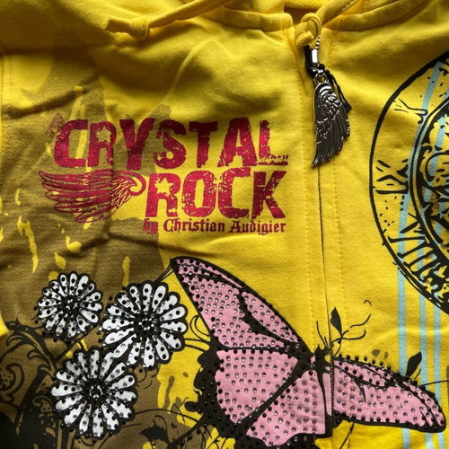 Christian Audigier Crystal Rock women's sweatshirt new, yellow with crystals and art print
