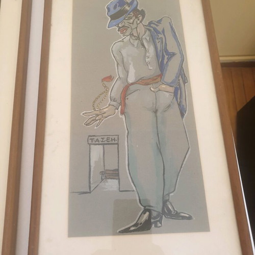 Vintage signed painting with theatrical figure in wooden frame used