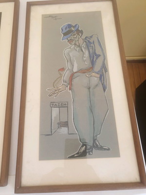 Vintage υπογεγραμμένος πίνακας με θεατρική φιγούρα σε ξύλινη κορνίζα μεταχειρισμένος