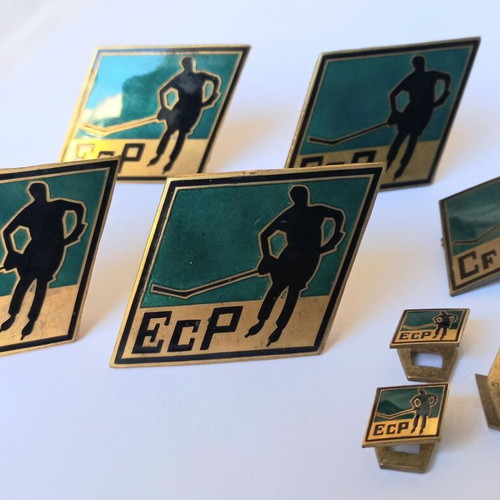 Set of vintage sports enamel pins with ice hockey theme, used