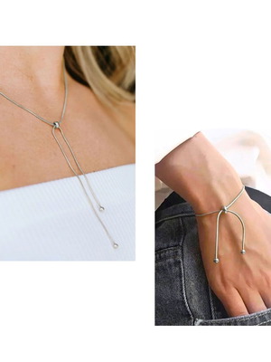 Lariat Snake Chain Necklace and Bracelet Set Stainless Steel New Silver