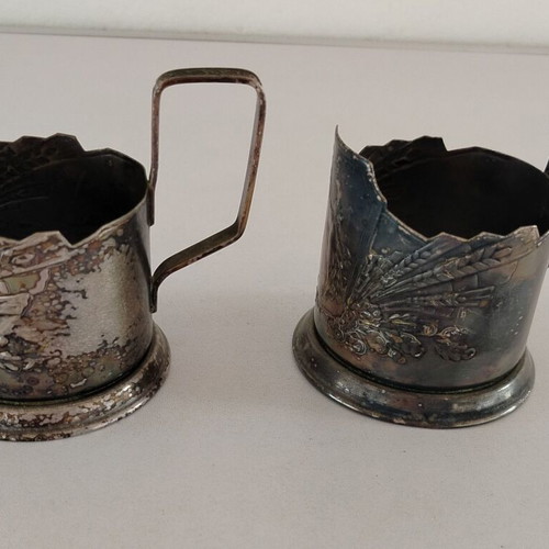 Soviet metal tea glass holders used, set of 2, 1960s era