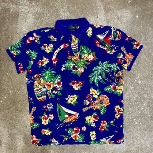 Polo Ralph Lauren Teddy Bear Polobear Hawaii Flower Print Polo Shirt, M, Blue