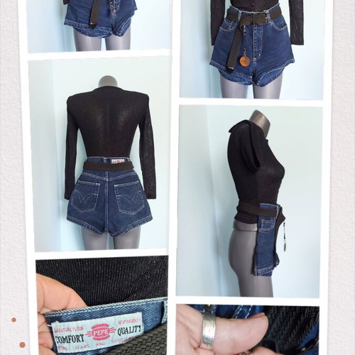 Vintage women's set with Pepe denim shorts, Alessa vest and Renato Balestra belt like new