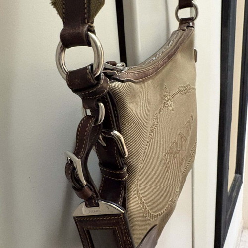 Prada Milano jacquard canvas crossbody bag like new, beige silver