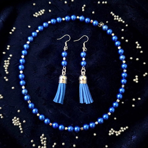 Handmade beaded blue summer necklace and earrings set new