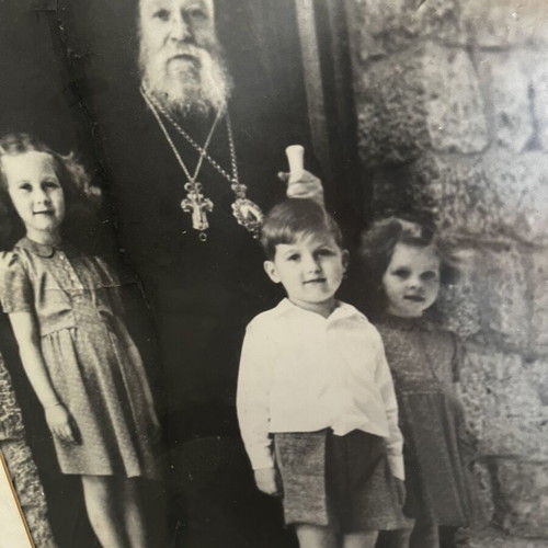 Vintage framed photo of Greek royal children with Archbishop Damaskinos, 1947