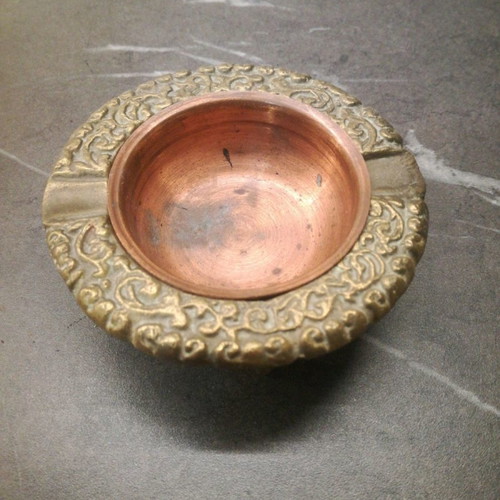 Copper serving set used, 4 pieces with embossed design