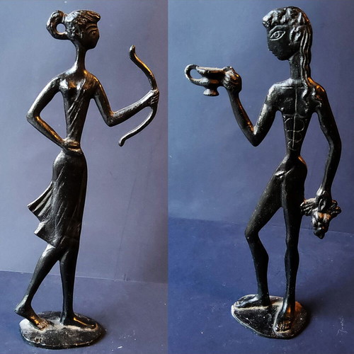 Set of 2 Bronze Statues Artemis and Dionysus, like new, 1960s
