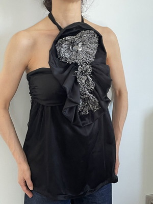 Derercuny Statement Halter Top Like New, Black, Beaded