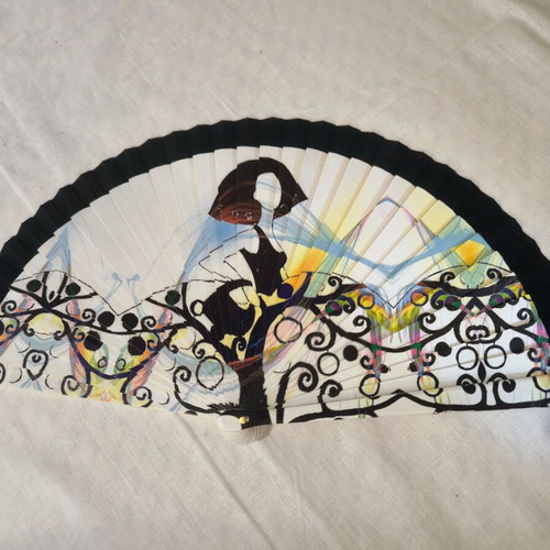 Spanish hand-painted fan new, black and multicolor