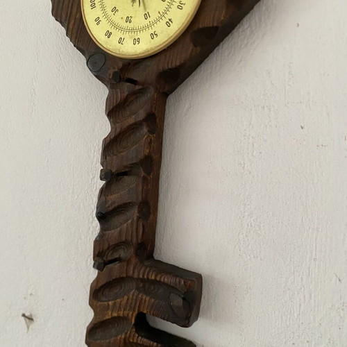 Vintage wooden key holder with analog thermometer used