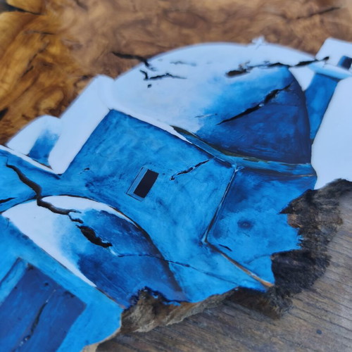 Wood artwork from olive root inspired by Santorini, new