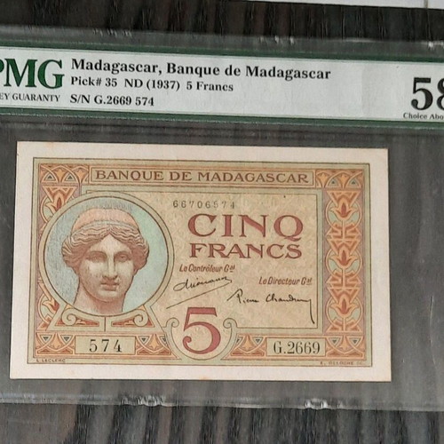 5 Francs 1937 Madagascar like new, PMG 58