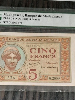 5 Francs 1937 Μαδαγασκάρης σαν καινούργιο, PMG 58