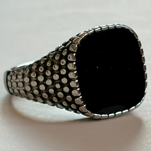 Scaled Signet Ring Black Inlay New, 316L Stainless Steel, US Size 12