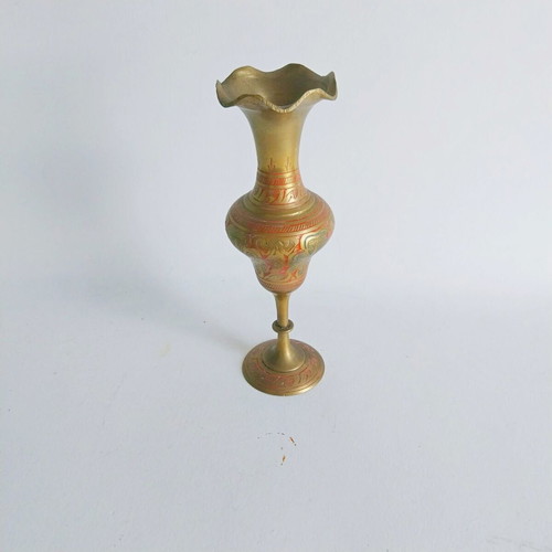 Vintage Indian brass vase used, hand engraved and painted