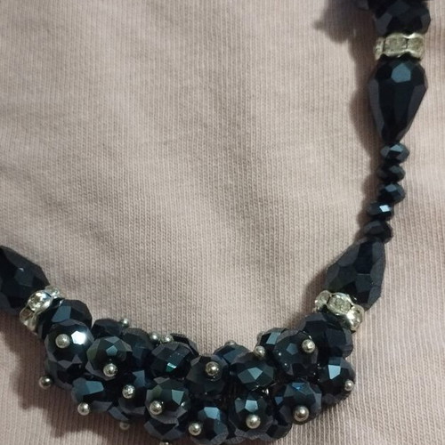 Vintage black blue necklace with beads and sparkling details, like new
