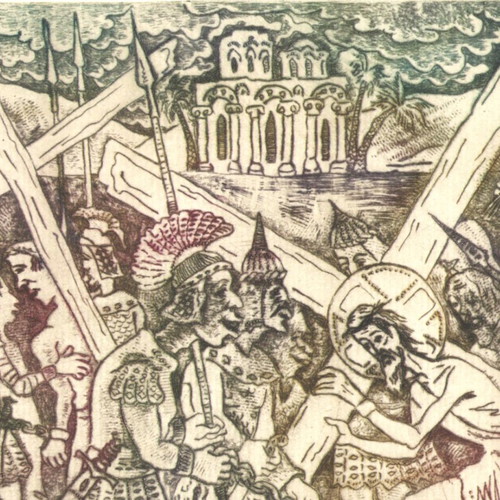 The Carrying of the Cross engraving print new, dry needle technique