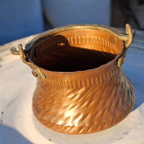 Copper miniature bucket used with hammered finish and metal handle