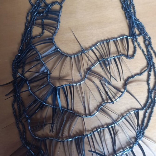 Black necklace with beads and plastic spade-shaped elements like new