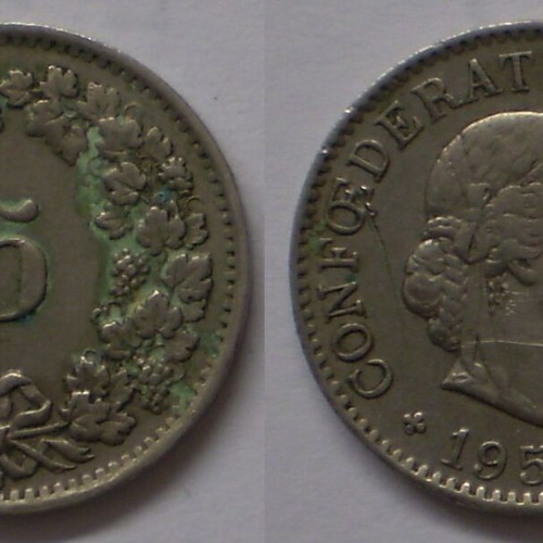 Switzerland 5 Rappen 1955B KM#26 coin used, Copper Nickel (Леф17)