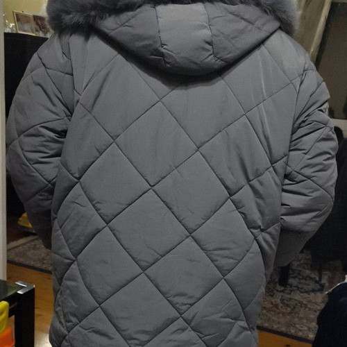 Women's 3/4 long charcoal jacket with hood and detachable fur, new