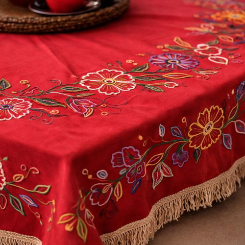 Handmade embroidered tablecloth 135x135 cm with fringes, red floral, used