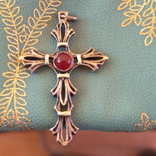 Vintage silver cross with red stone new