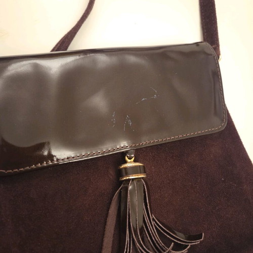 Structured Suede and Patent Leather Tassel Crossbody Bag used, burgundy